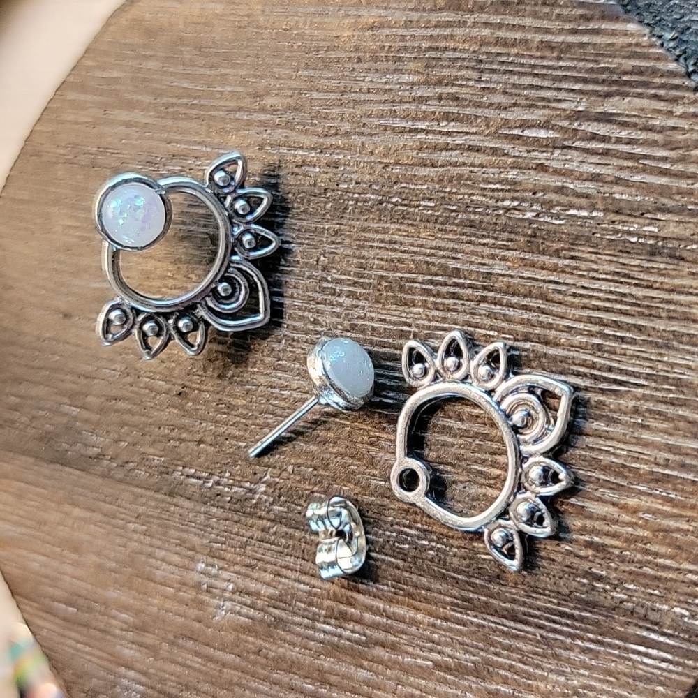 💥RESTOCKED💥Zen Lotus Silver and Opalescent Moonstone Jacket Earrings - Picture 3 of 5